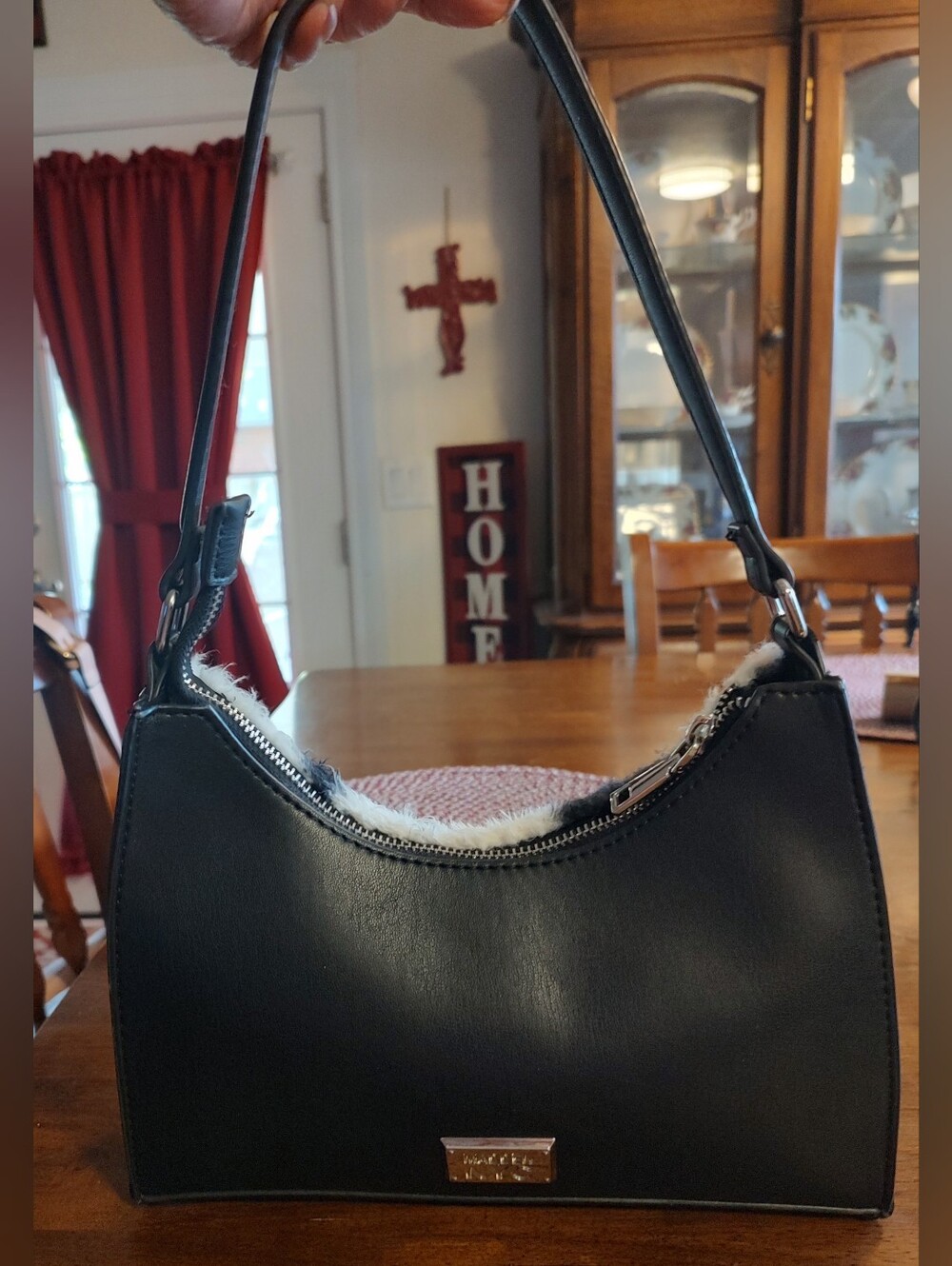 Classic Black Shoulder Bag with Faux Fur Trim